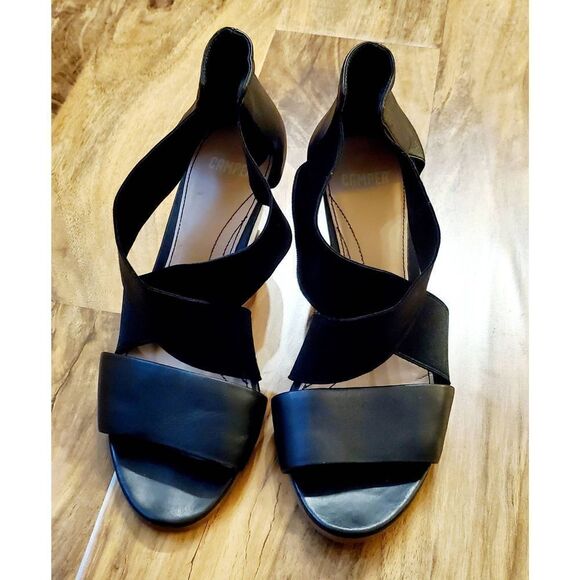 CAMPER Black leather wedge sandles 39. Spring. Wedding. Minimalist. Gothic. Work - Picture 1 of 10